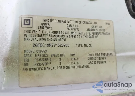 1997 GMC Sierra 1500 Sl Wideside из США, поврежденный, VIN 2GTEC19R7V1520955